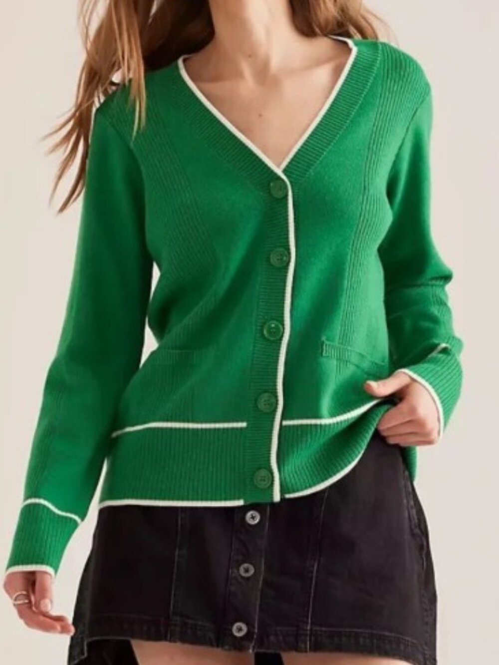 Maeve Anthropologie Green Ribbed V-Neck Cardigan Preppy Contrast Trim Small